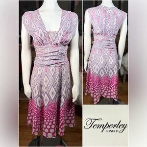 Temperley London 100% Silk Pink & Purple Diamond & Polka Dot Design Dress, Sz 2
